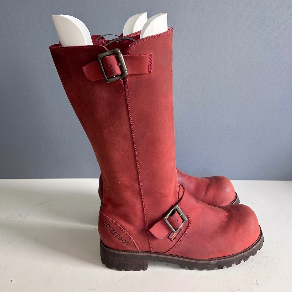 Y2k 90s Rocket Dog Red Leather Moto Boots Women's Size 8 Engineer Grunge Buckle